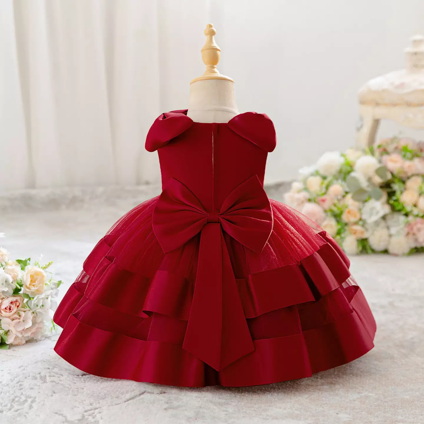 Zoya Maroon Satin Shoulder Bow Tiered Baby Party Dress