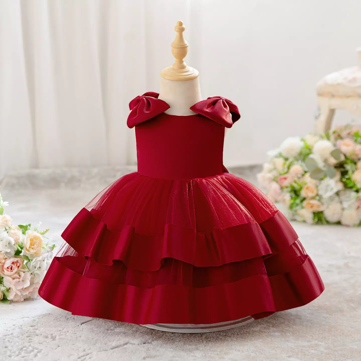 Zoya Maroon Satin Shoulder Bow Tiered Baby Party Dress