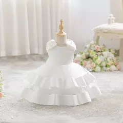 Zoya White Satin Shoulder Bow Baby Christening Dress