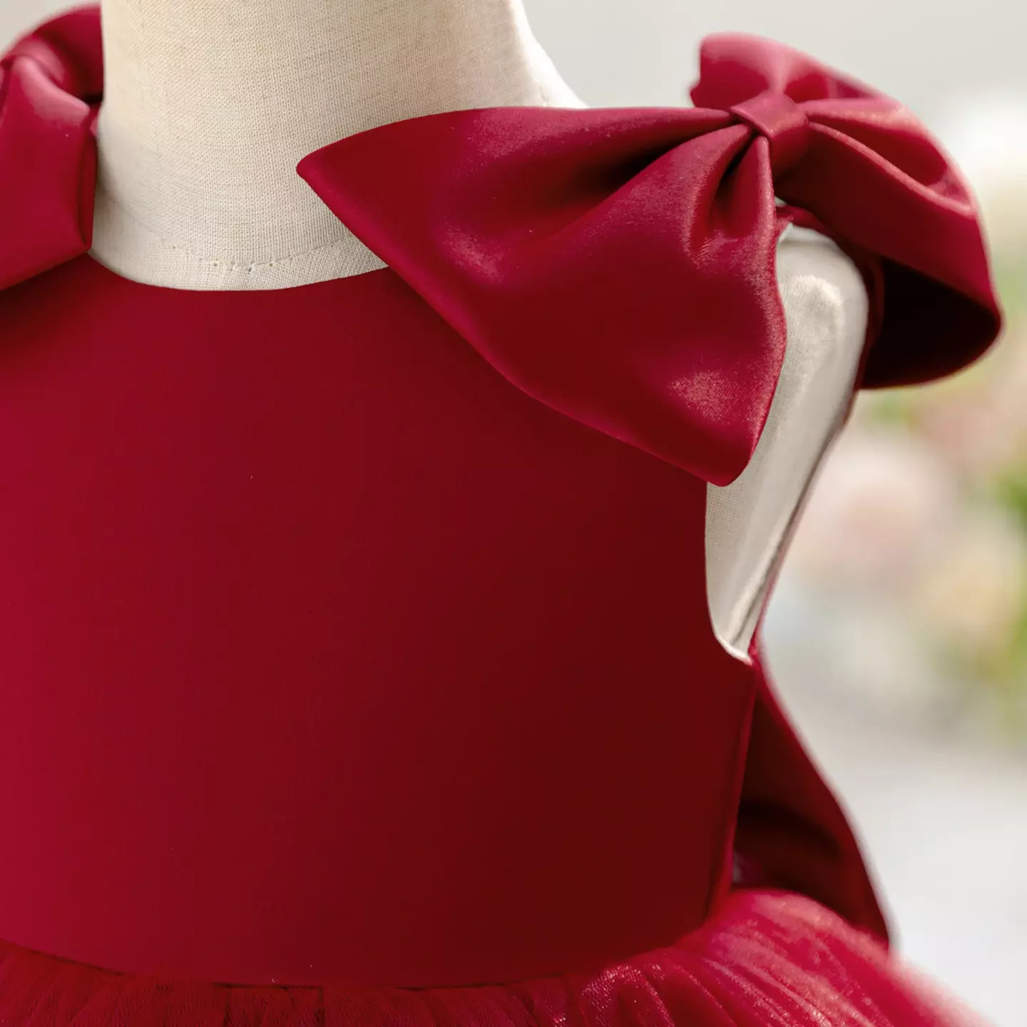 Zoya Maroon Satin Shoulder Bow Tiered Baby Party Dress