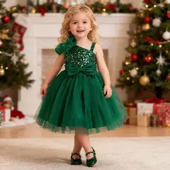 Madison Forest Green Sequin One Shoulder Baby Party Dress