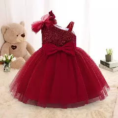 Madison Maroon Sequin One Shoulder Bow Baby Party Dress