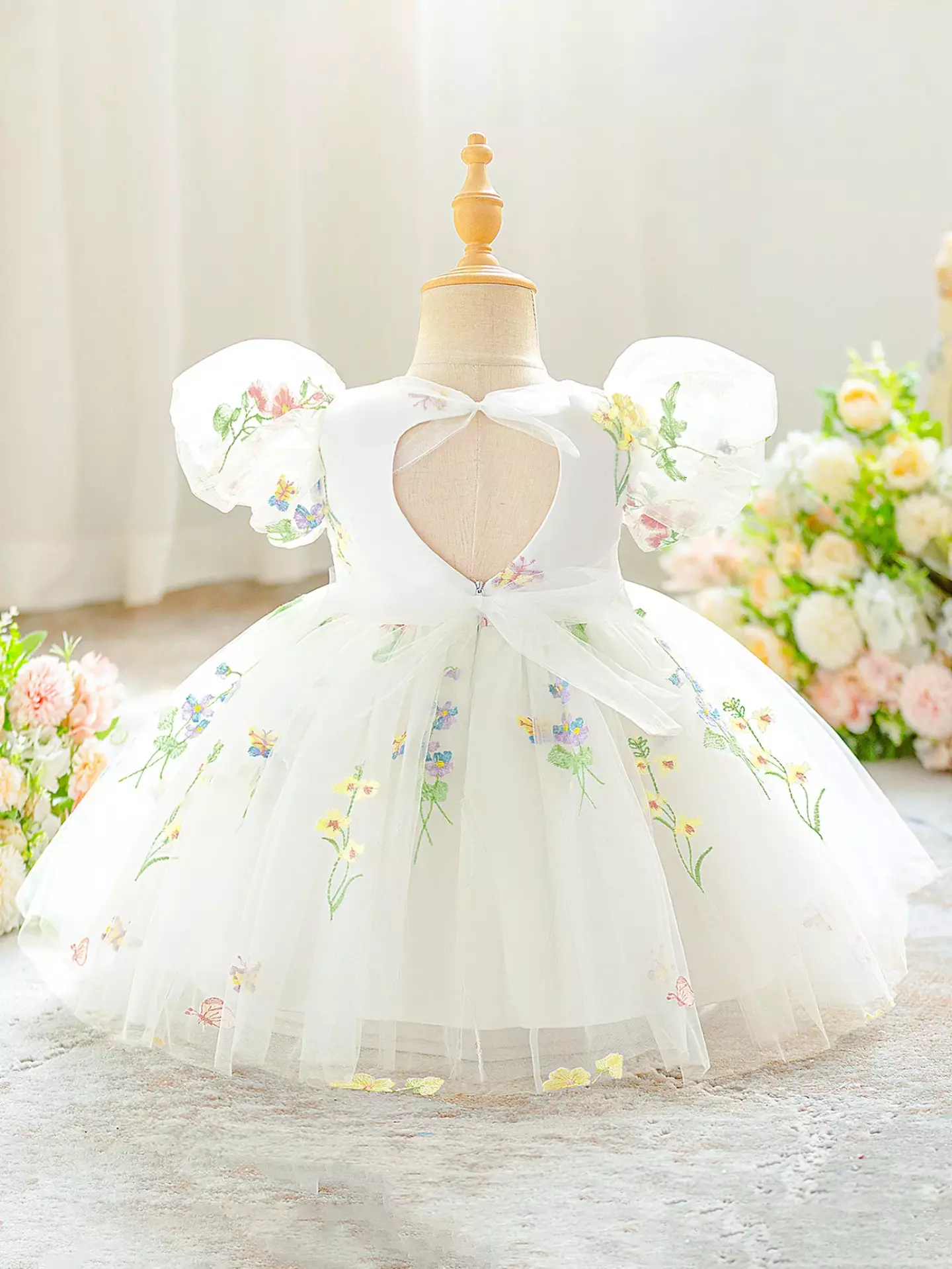 JJ White Floral Embroidered Tulle Baby Occasion Dress