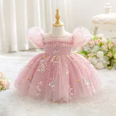JJ Dusty Pink Floral Embroidered Tulle Baby Party Dress