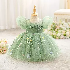 JJ Sage Green Floral Embroidered Tulle Baby Party Dress