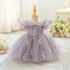 JJ Purple Floral Embroidered Tulle Baby Party Dress