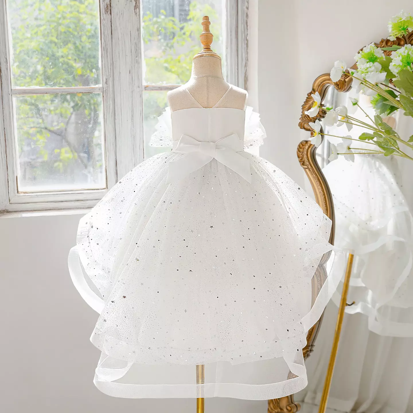 Harris White Star Glitter Tulle Flower Girl Dress - Knee Length Wedding & Party Dress