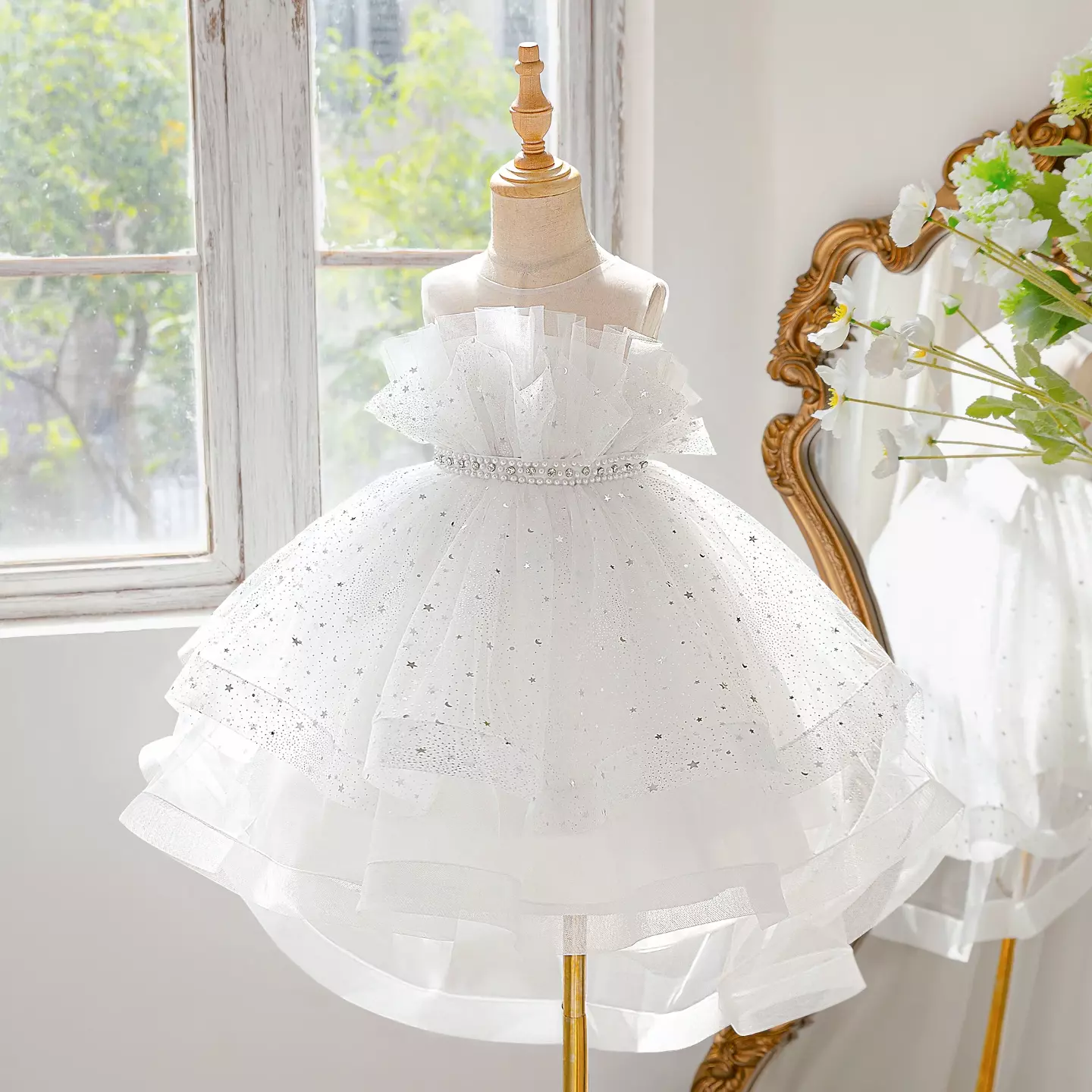 Harris White Star Glitter Tulle Flower Girl Dress - Knee Length Wedding & Party Dress
