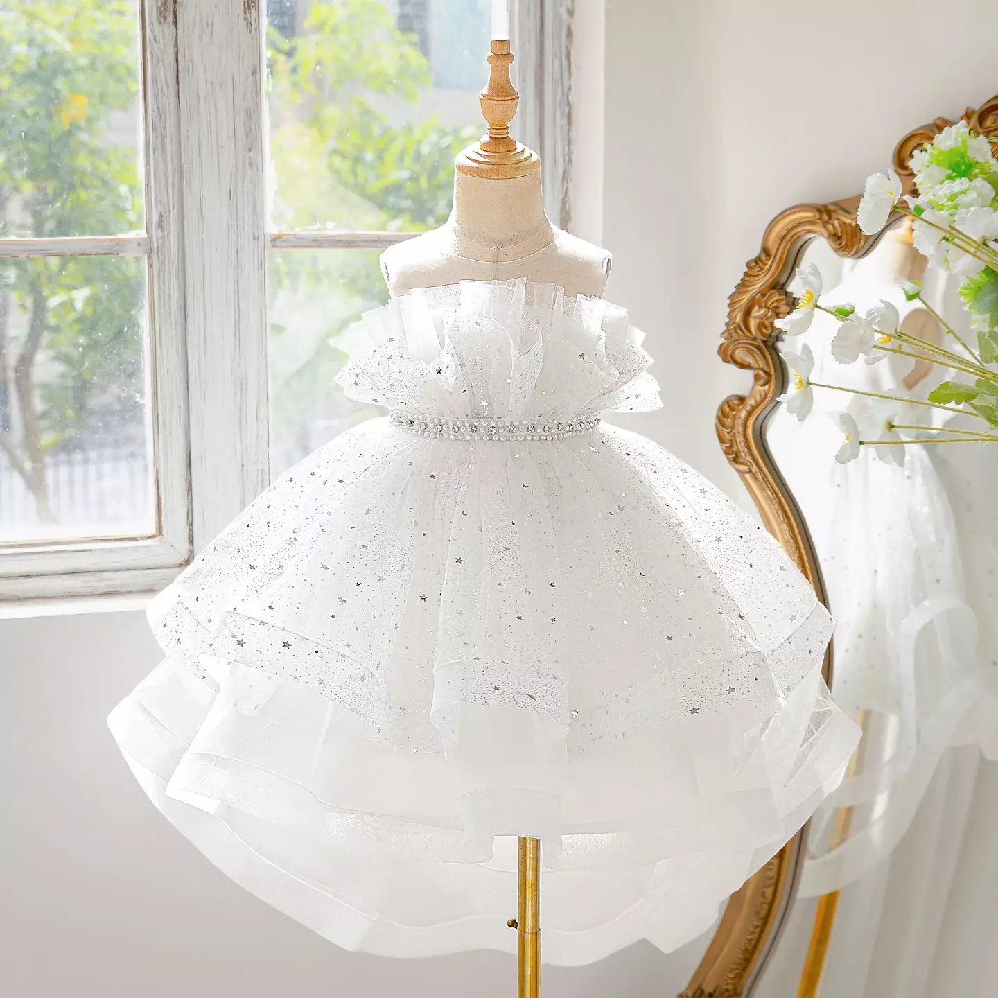 Harris White Star Glitter Tulle Flower Girl Dress - Knee Length Wedding & Party Dress