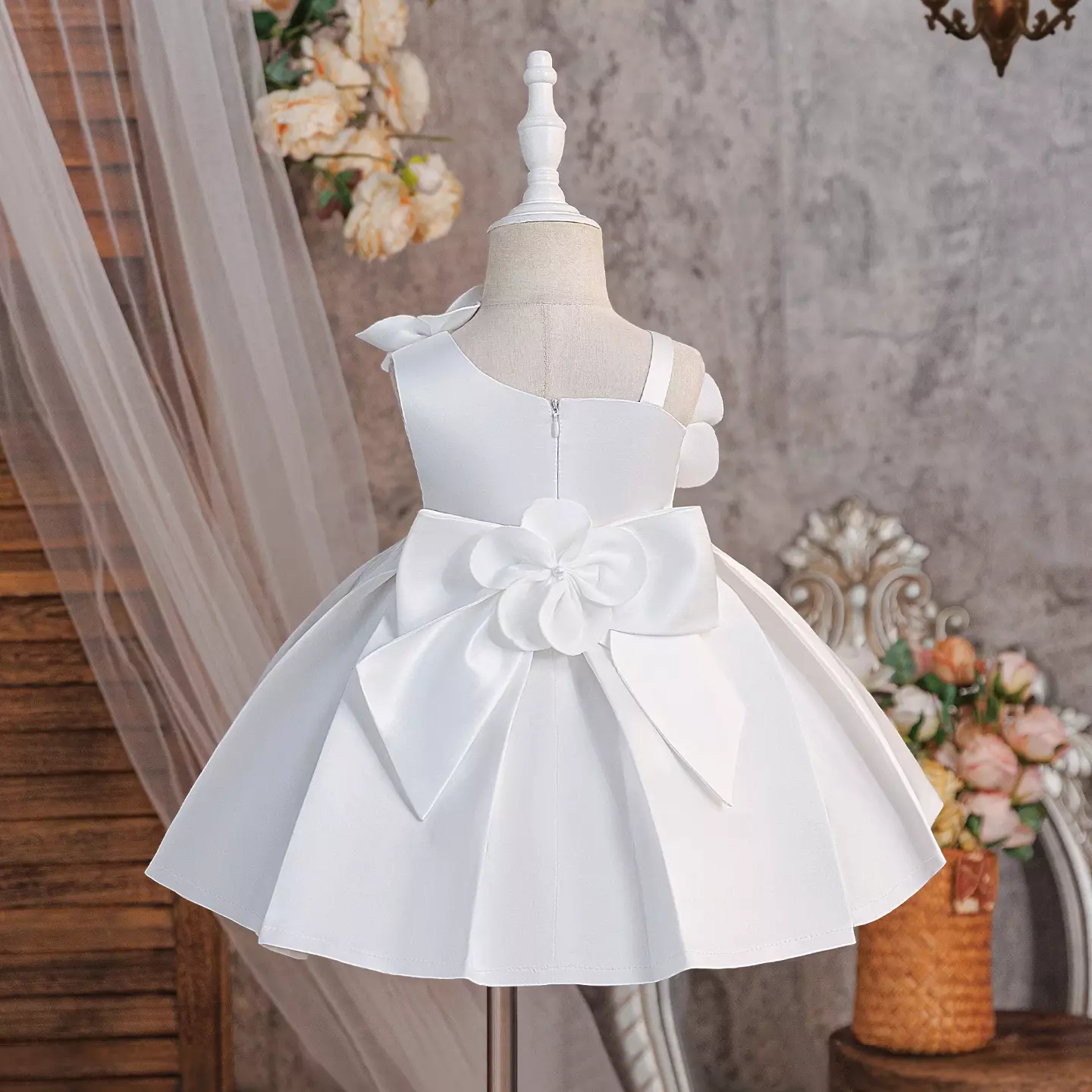 Cristy White 3D Flower Satin Baby Flower Girl Dress - Knee Length Christening & Party Dress