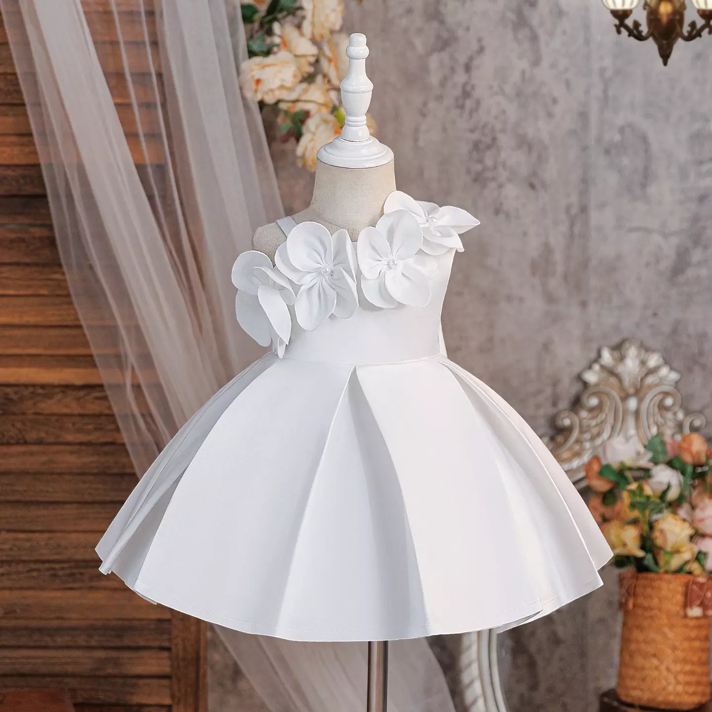 Cristy White 3D Flower Satin Baby Flower Girl Dress - Knee Length Christening & Party Dress