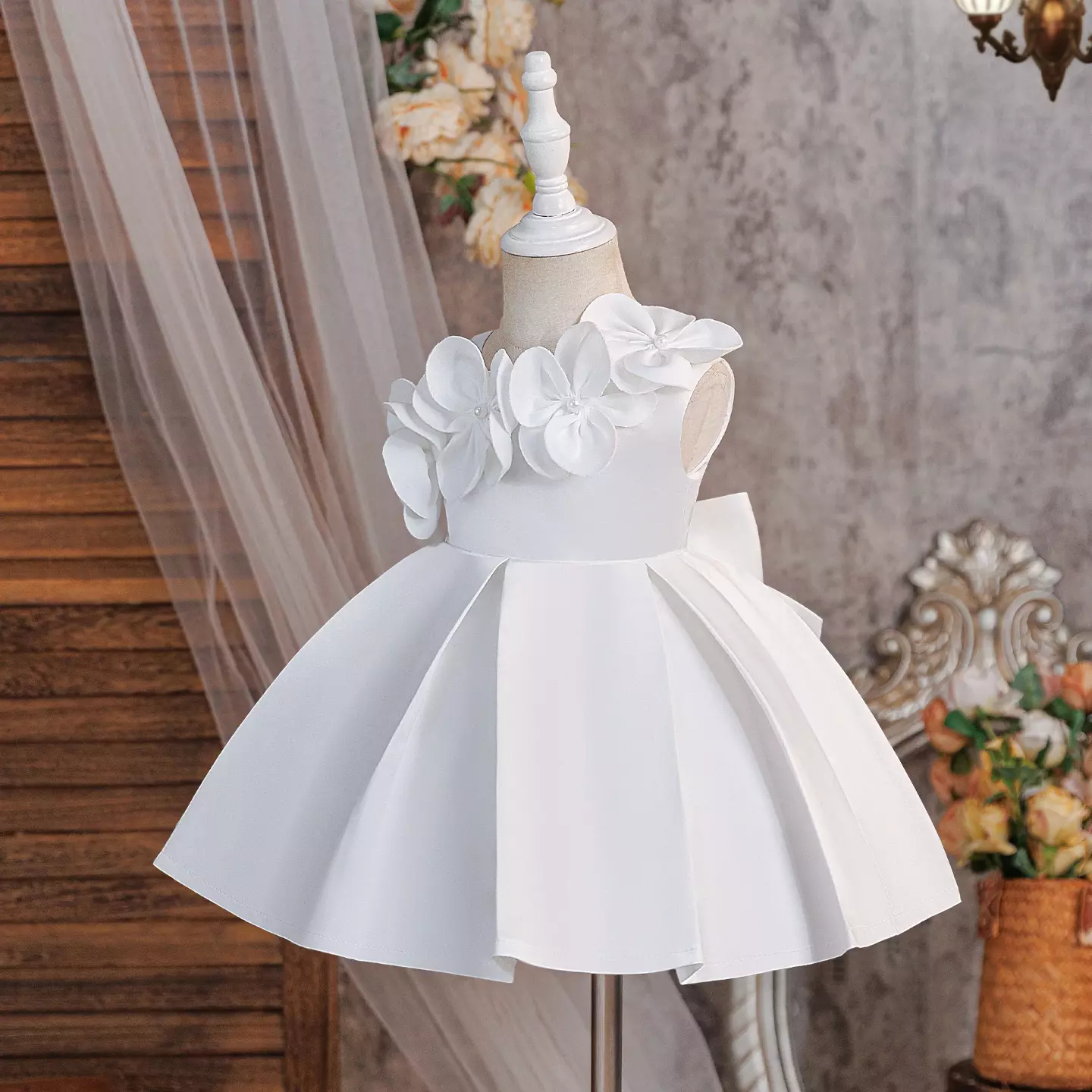 Cristy White 3D Flower Satin Baby Flower Girl Dress - Knee Length Christening & Party Dress