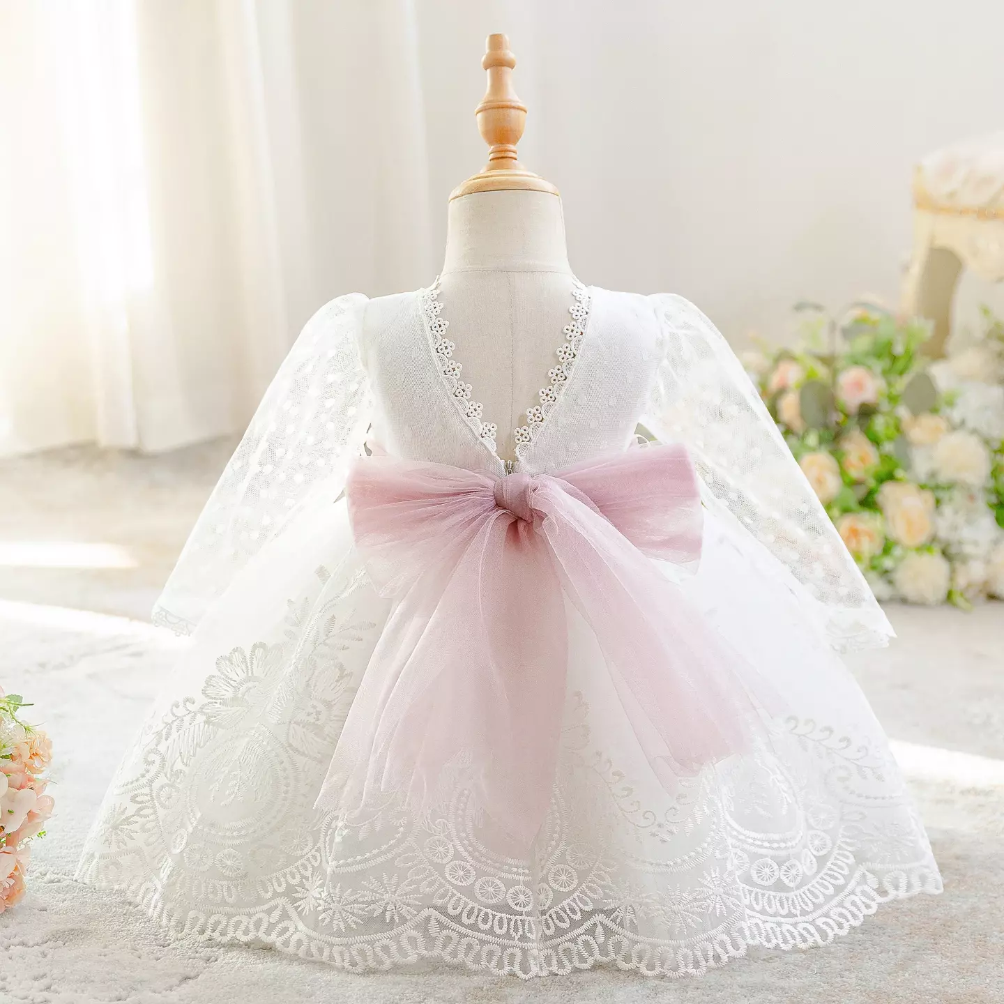Drew White Embroidered Tulle Long Sleeve Baby Flower Girl Dress - Knee Length Baptism & Party Dress