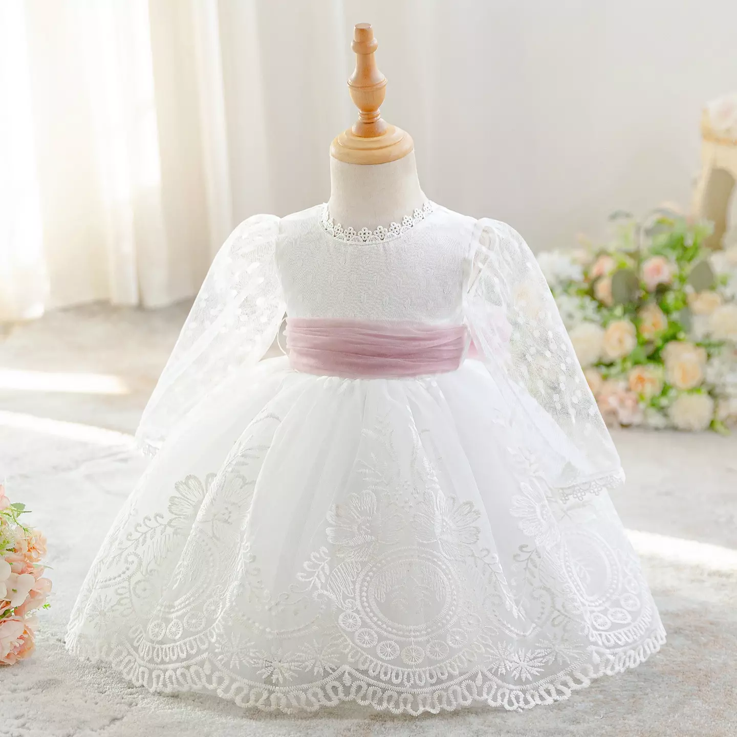 Drew White Embroidered Tulle Long Sleeve Baby Flower Girl Dress - Knee Length Baptism & Party Dress