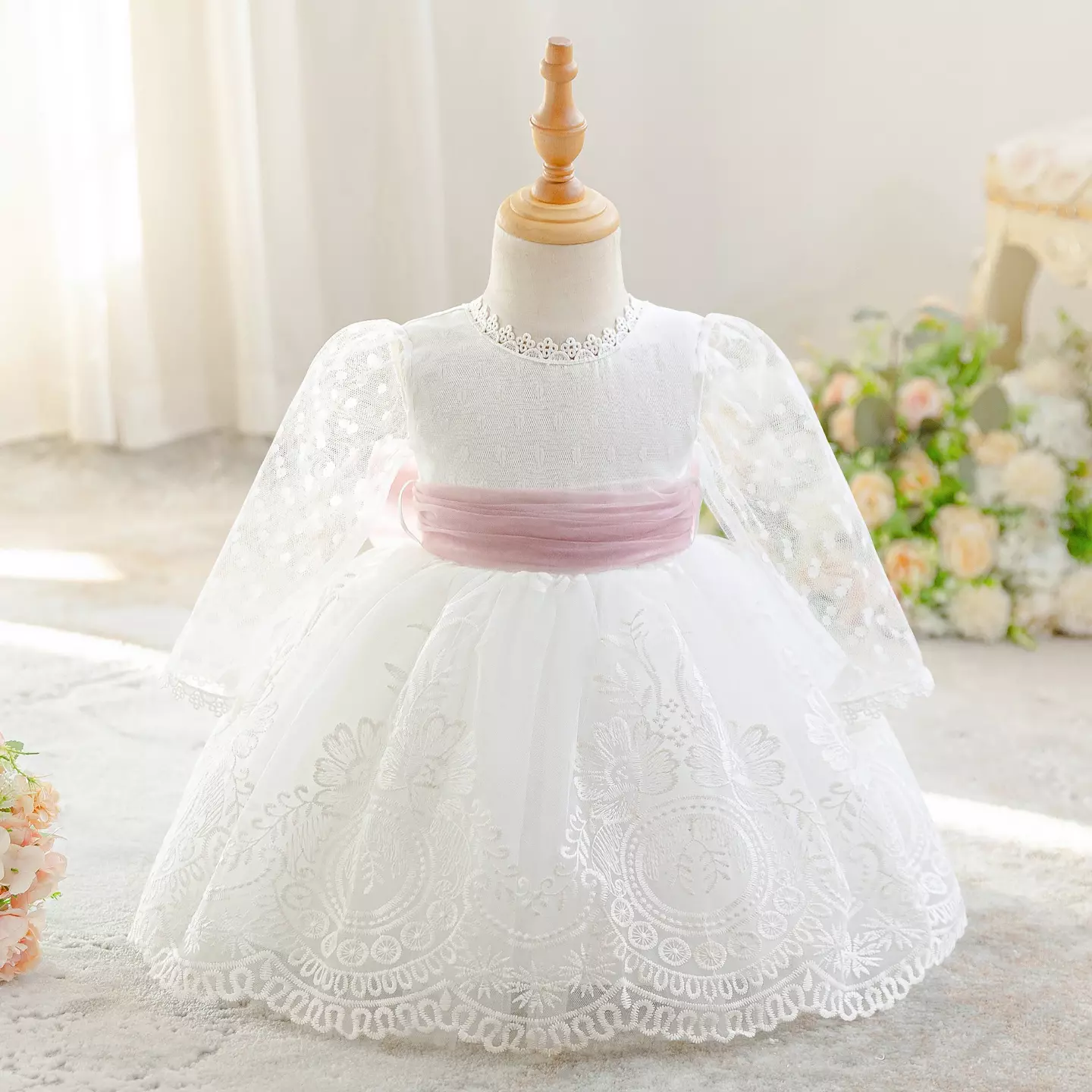 Drew White Embroidered Tulle Long Sleeve Baby Flower Girl Dress - Knee Length Baptism & Party Dress