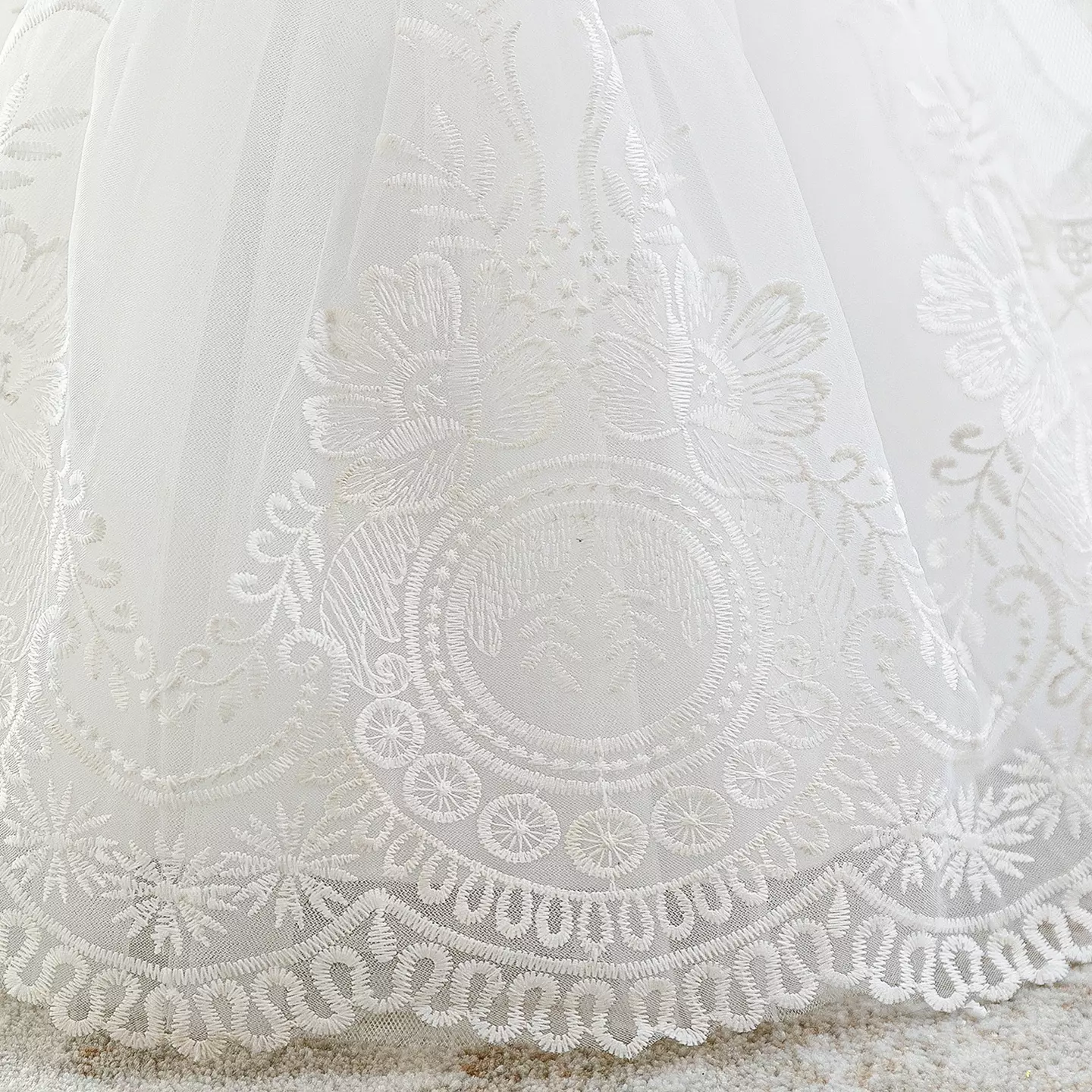 Drew White Embroidered Tulle Long Sleeve Baby Flower Girl Dress - Knee Length Baptism & Party Dress