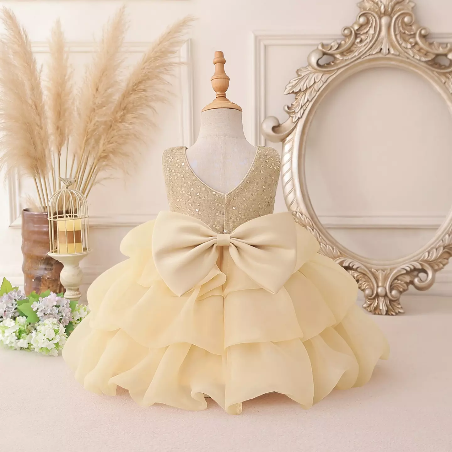 Chase Champagne Sequin Tiered Organza Baby Party Dress - Knee Length Birthday & Special Occasion Dress