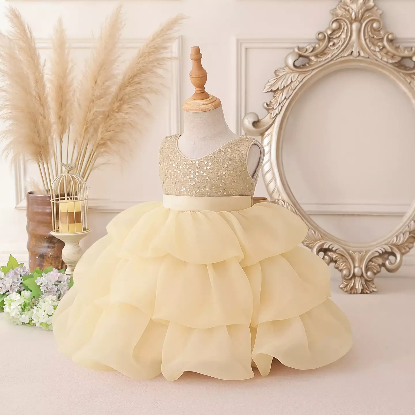 Chase Champagne Sequin Tiered Organza Baby Party Dress - Knee Length Birthday & Special Occasion Dress