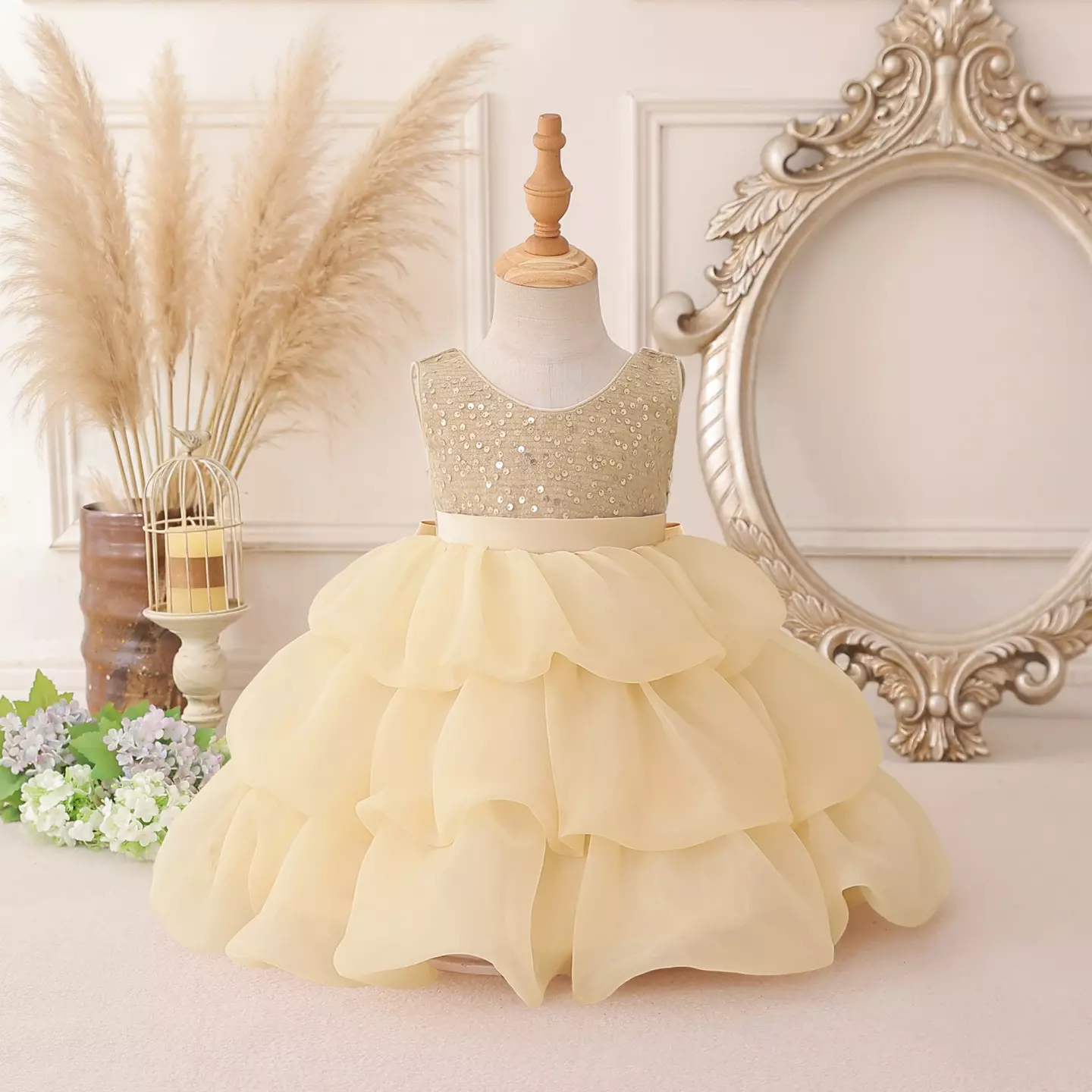 Chase Champagne Sequin Tiered Organza Baby Party Dress - Knee Length Birthday & Special Occasion Dress