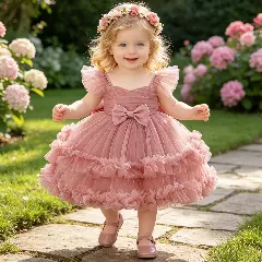 Lopez Dusty Pink Ruffled Tulle Baby Party Dress - Knee Length Birthday & Special Occasion Dress