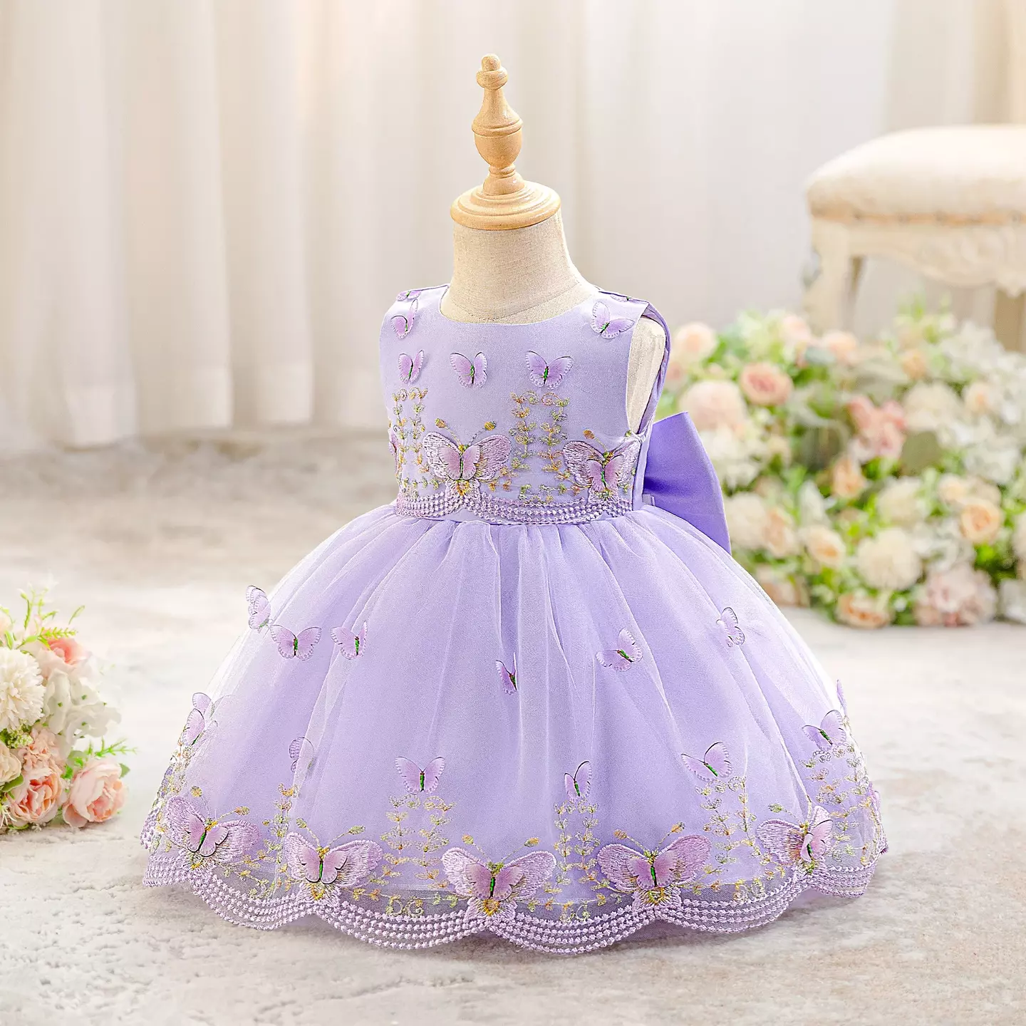 Antoinette Lavender Butterfly Embroidered Tulle Baby Party Dress - Knee Length Birthday & Special Occasion Dress