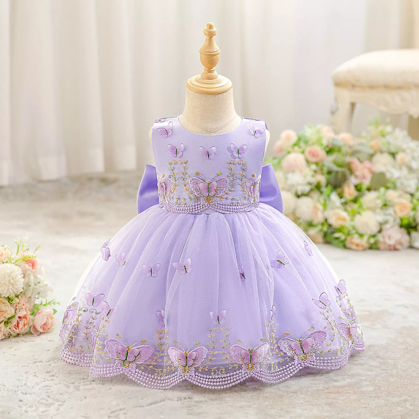 Antoinette Lavender Butterfly Embroidered Tulle Baby Party Dress - Knee Length Birthday & Special Occasion Dress