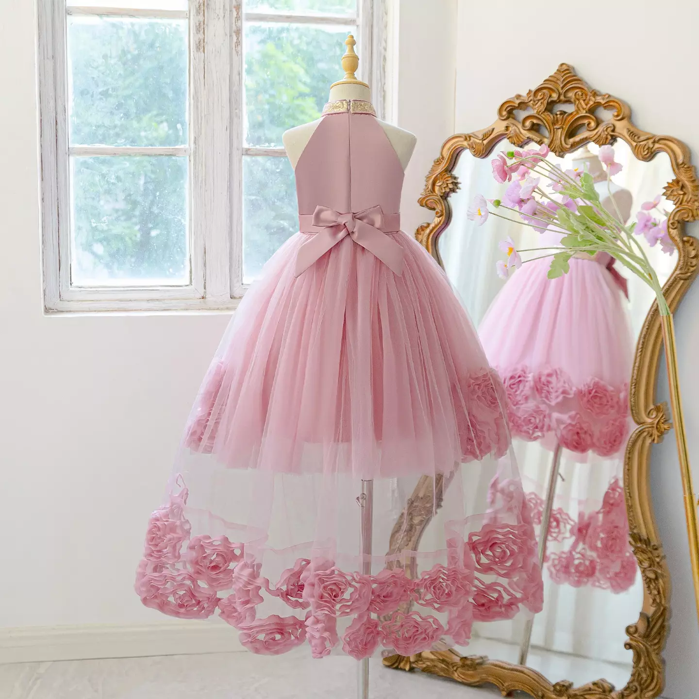 Georgia II Dusty Pink 3D Rosette Halter Girls Party Dress - Hi-Low Birthday & Special Occasion Dress