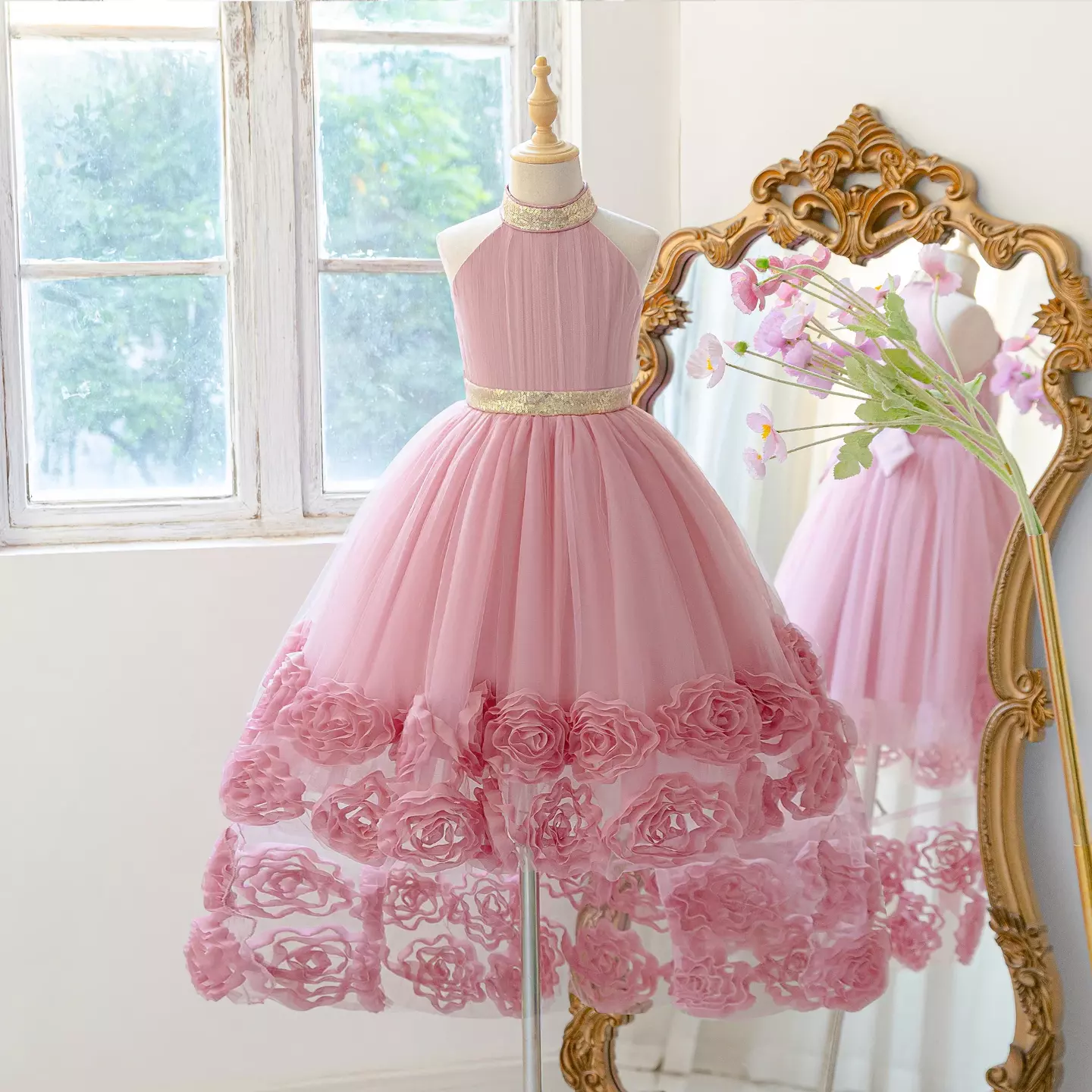 Georgia II Dusty Pink 3D Rosette Halter Girls Party Dress - Hi-Low Birthday & Special Occasion Dress