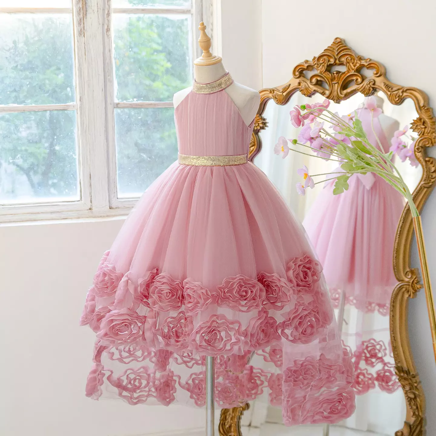 Georgia II Dusty Pink 3D Rosette Halter Girls Party Dress - Hi-Low Birthday & Special Occasion Dress
