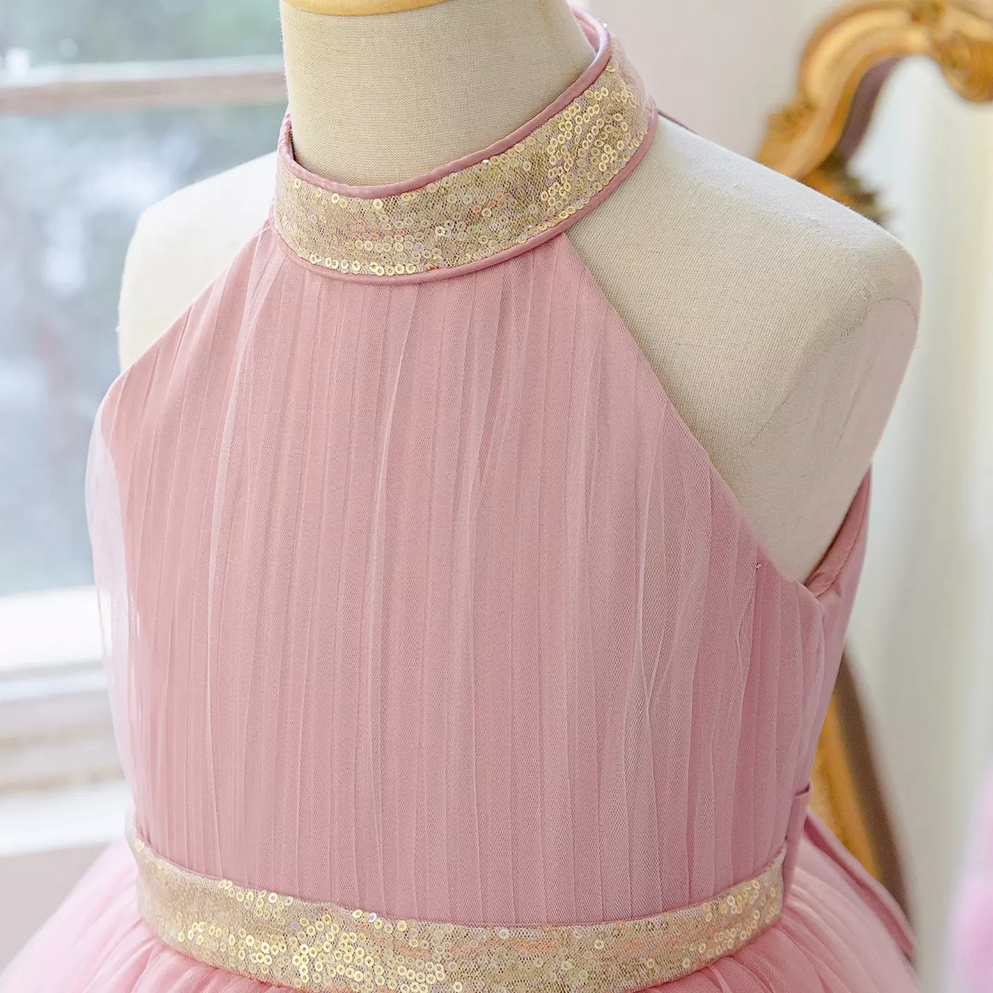 Georgia II Dusty Pink 3D Rosette Halter Girls Party Dress - Hi-Low Birthday & Special Occasion Dress