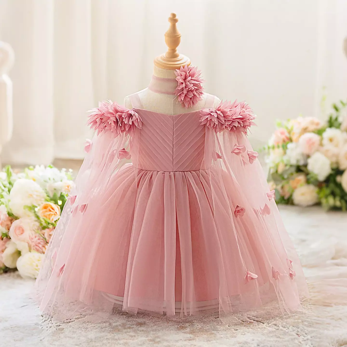 Jee Dusty Pink 3D Flower Tulle Cape Baby Girls Party Dress | Lucys
