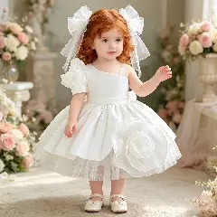 Jen White Satin Baby Christening Dress with Rosette and Back Bow