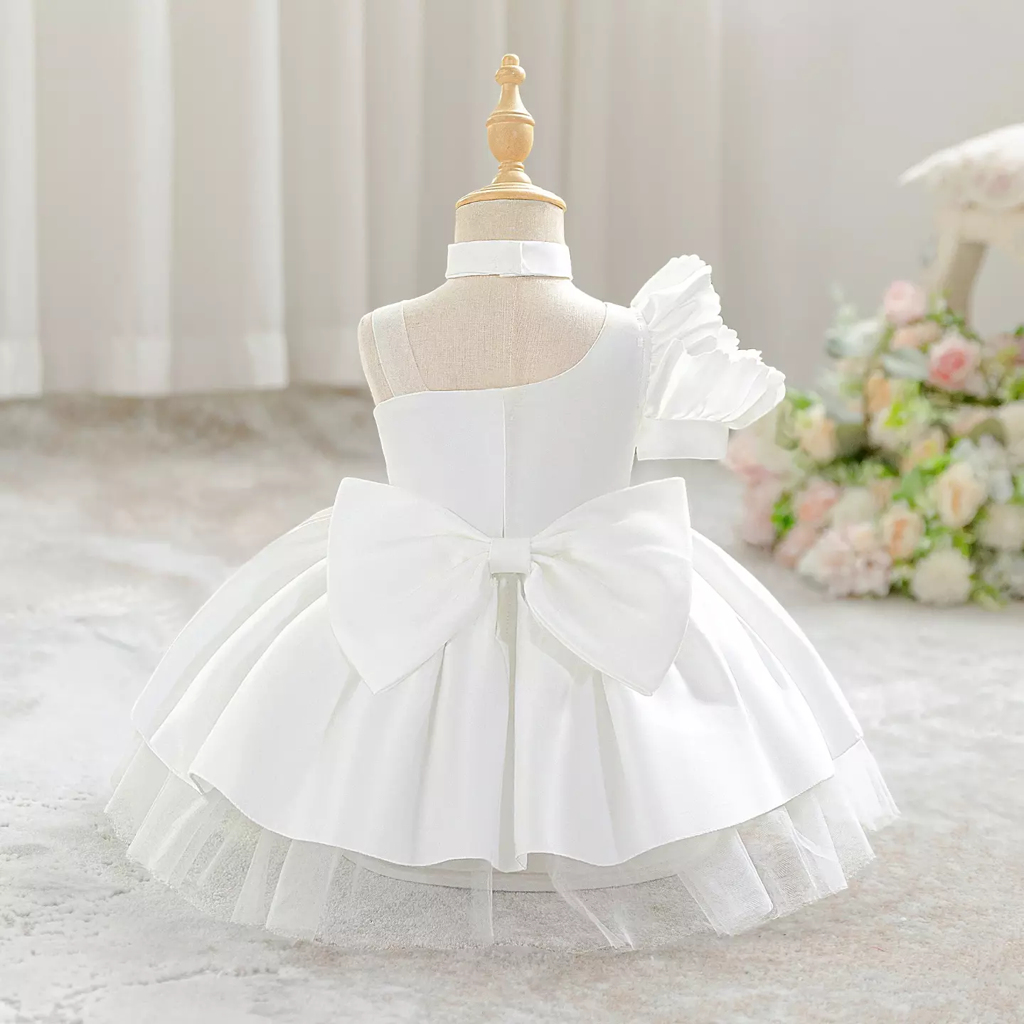 Jen White Satin Baby Christening Dress with Rosette and Back Bow