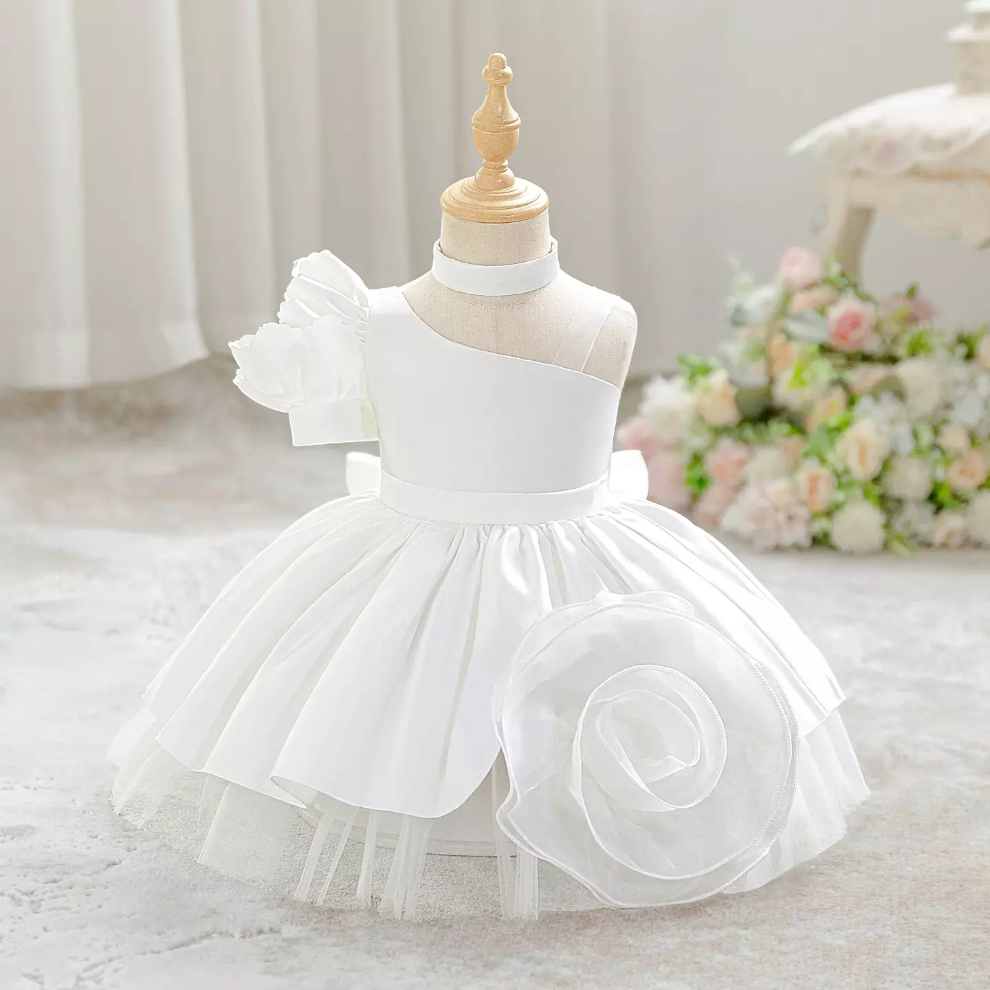 Jen White Satin Baby Christening Dress with Rosette and Back Bow