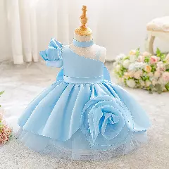 Jen Light Blue Satin Party Dress with Rosette and Back Bow