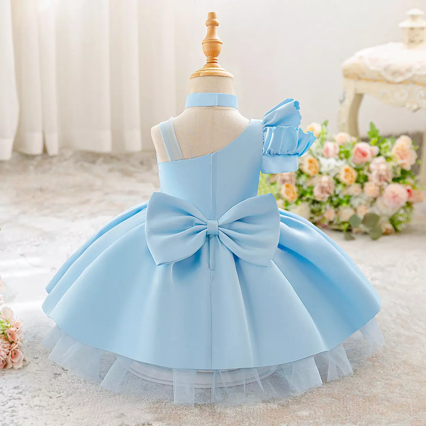 Jen Light Blue Satin Party Dress with Rosette and Back Bow