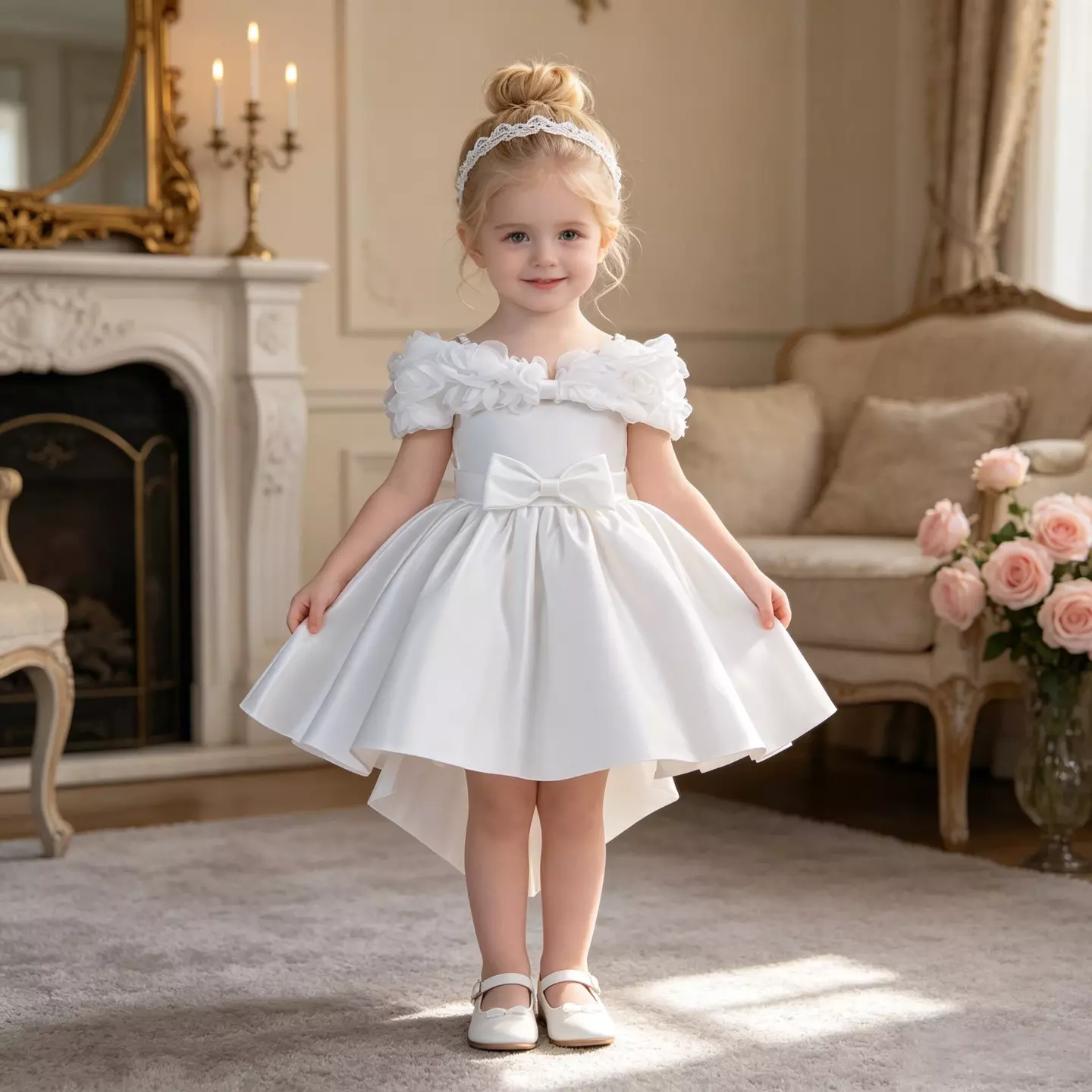 Christina White Off-Shoulder Rosette Satin Baby Christening Dress - Knee Length with Big Back Bow