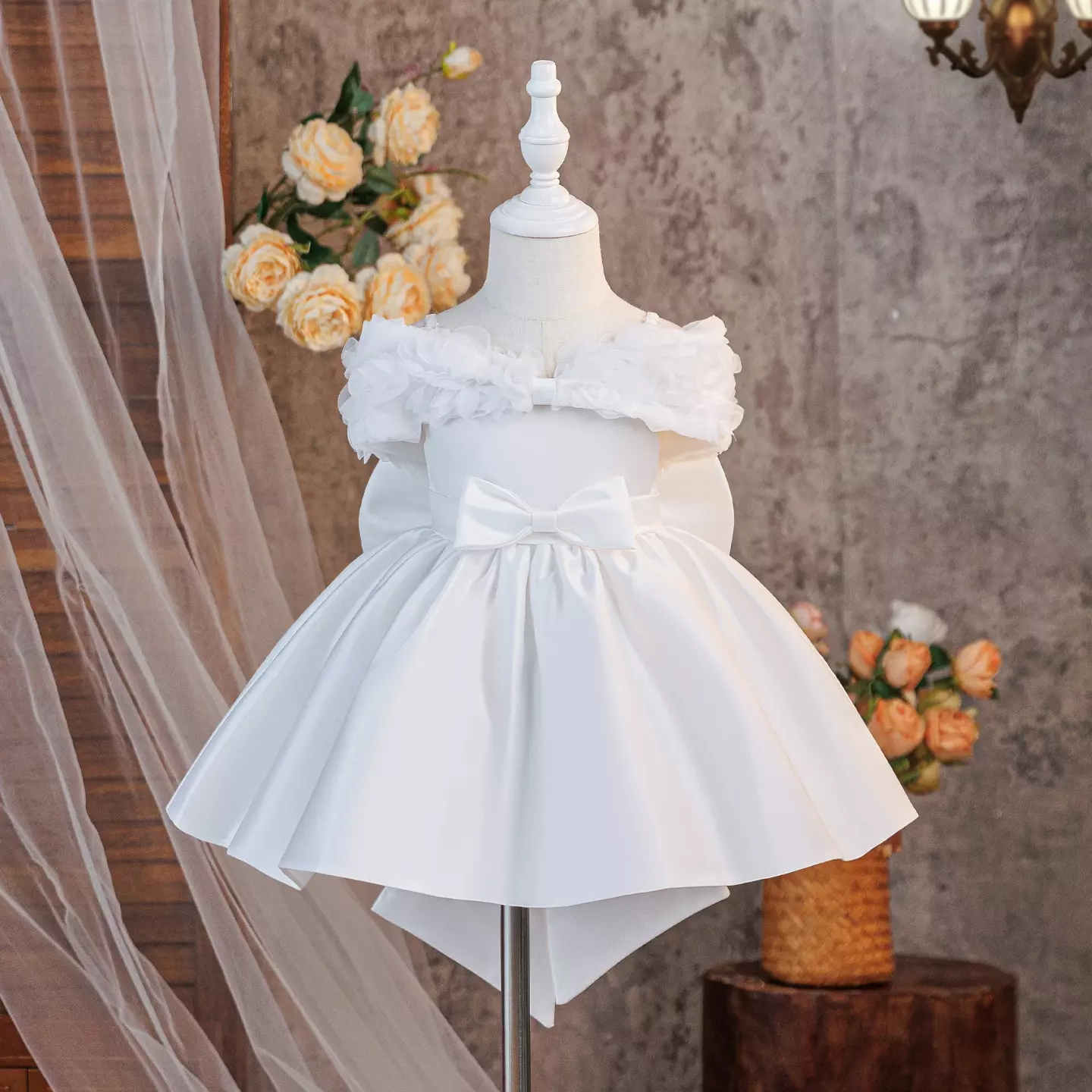 Christina White Off-Shoulder Rosette Satin Baby Christening Dress - Knee Length with Big Back Bow