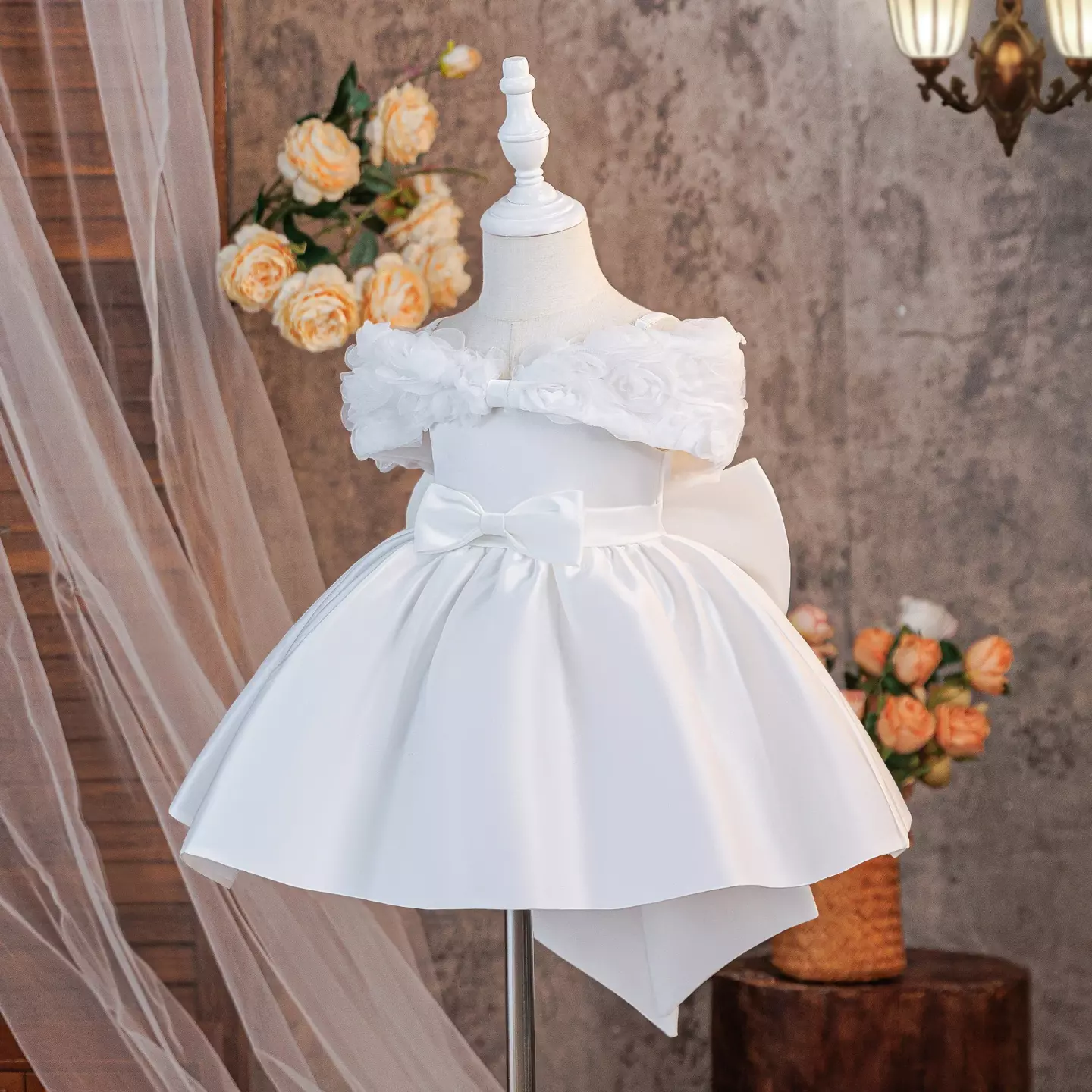 Christina White Off-Shoulder Rosette Satin Baby Christening Dress - Knee Length with Big Back Bow