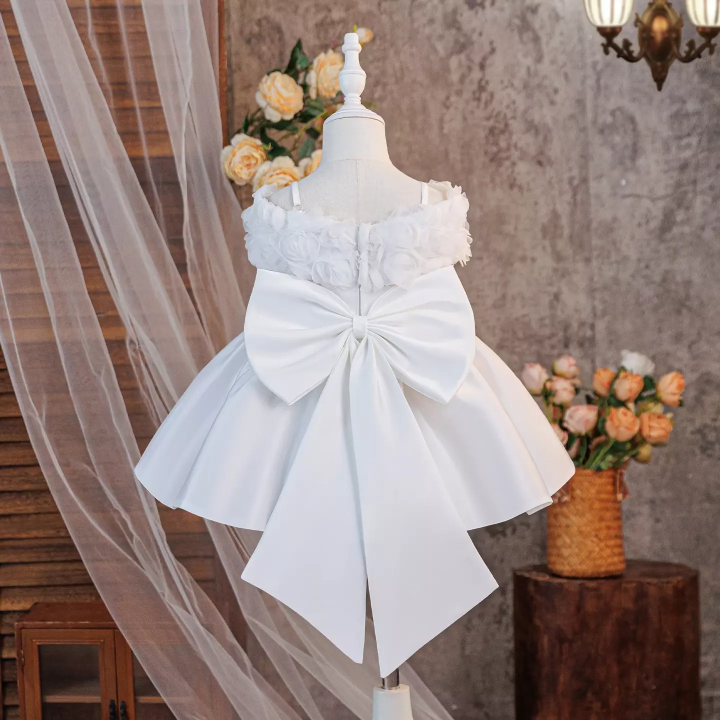 Christina White Off-Shoulder Rosette Satin Baby Christening Dress - Knee Length with Big Back Bow