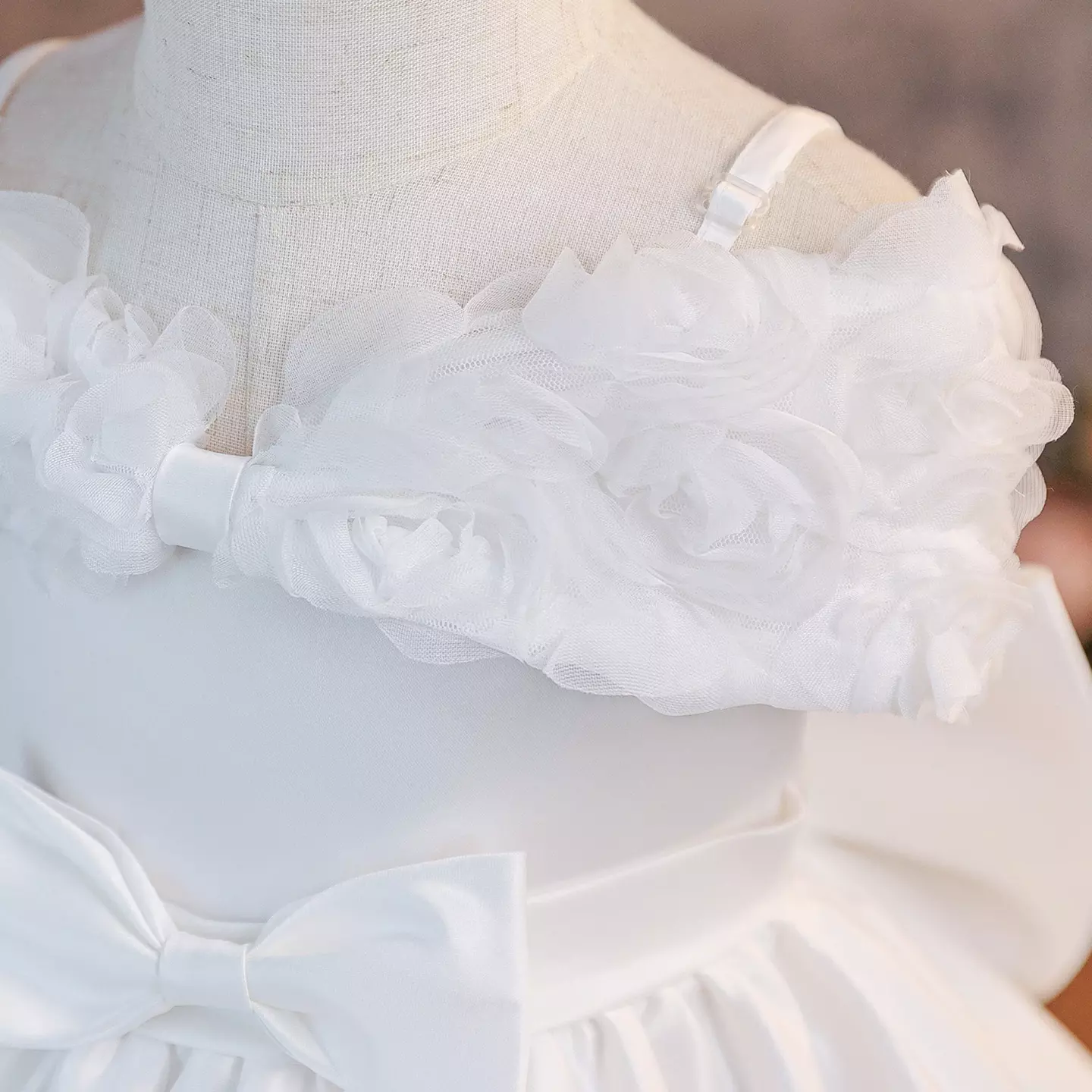 Christina White Off-Shoulder Rosette Satin Baby Christening Dress - Knee Length with Big Back Bow