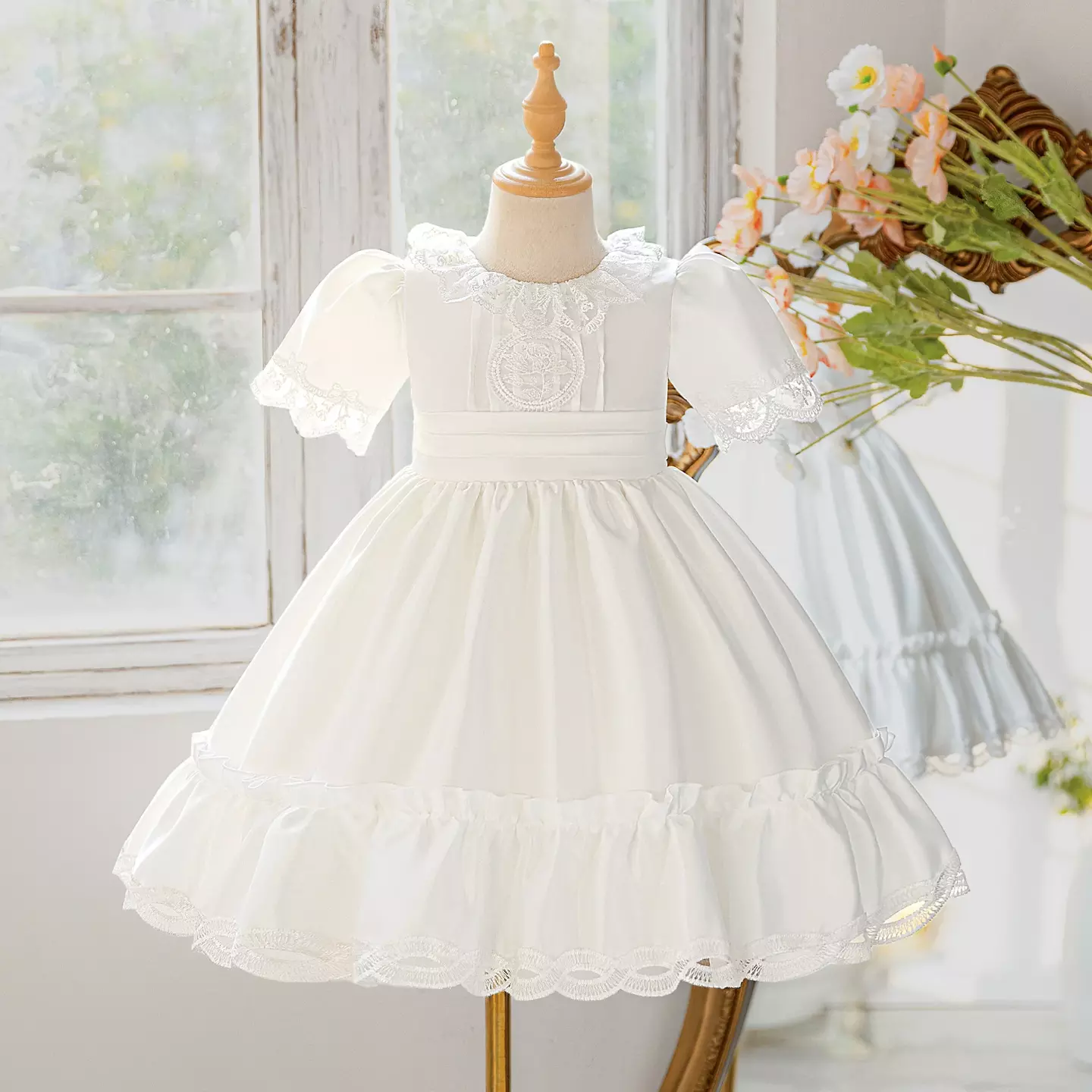 Mariana White Lace Collar Flower Girl Dress - Knee Length Christening & Wedding Dress