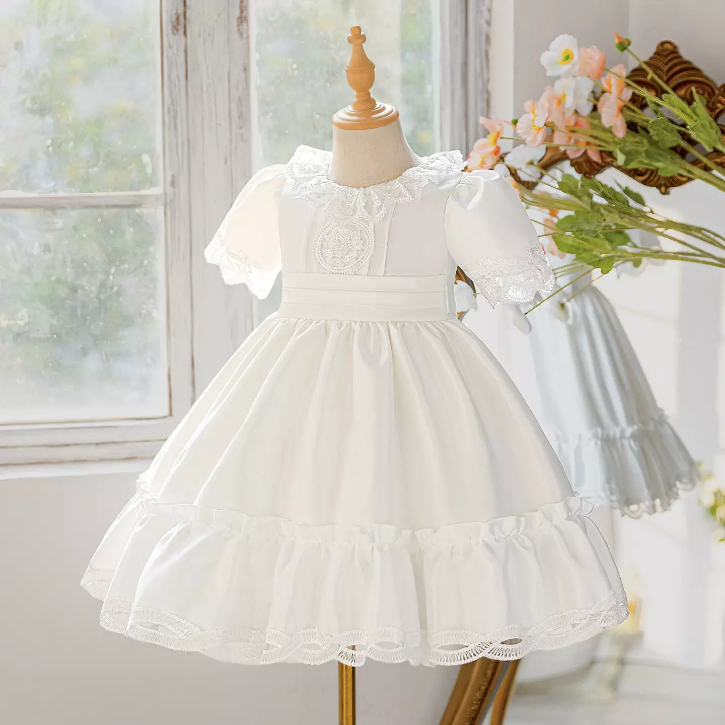 Mariana White Lace Collar Flower Girl Dress - Knee Length Christening & Wedding Dress