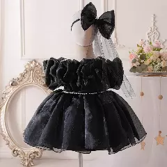 Momo Black Organza Puff Sleeve Party Dress - Knee Length Baby Girls Birthday Dress
