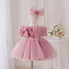 Momo Dusty Pink Organza Puff Sleeve Party Dress - Knee Length Baby Girls Birthday Dress