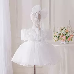 Momo White Organza Puff Sleeve Flower Girl Dress - Knee Length Christening & Baptism Dress