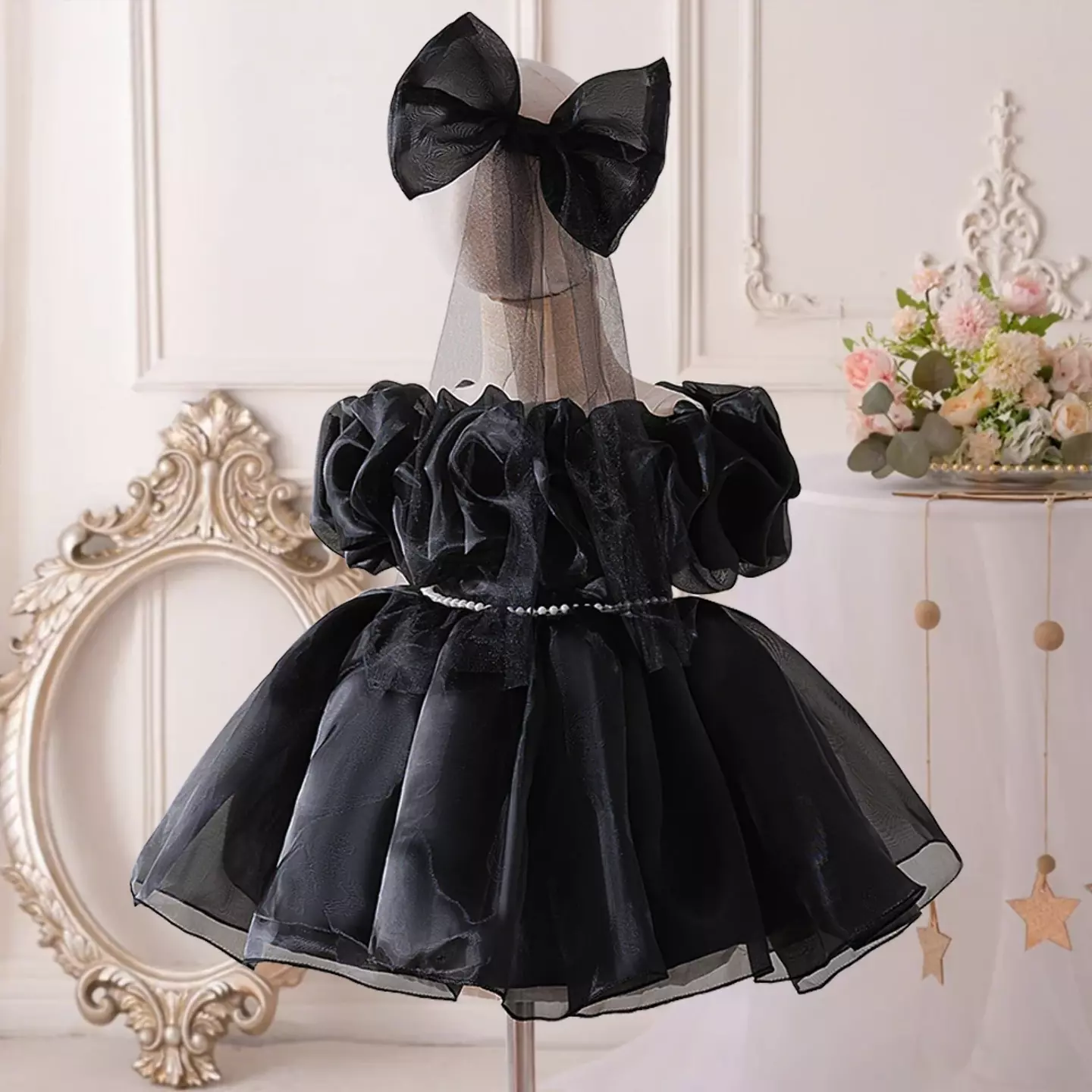Momo Black Organza Puff Sleeve Party Dress - Knee Length Baby Girls Birthday Dress