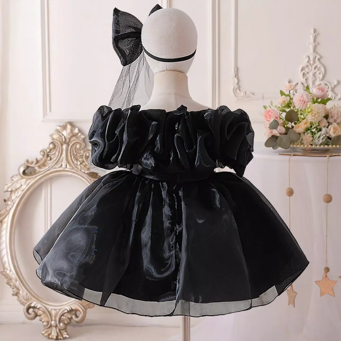 Momo Black Organza Puff Sleeve Party Dress - Knee Length Baby Girls Birthday Dress