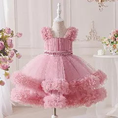 DoDo Dusty Pink Tulle Flower Girl Dress - Knee Length Pearl Belt Wedding Party Dress