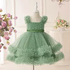 DoDo Sage Green Tulle Flower Girl Dress - Knee Length Pearl Belt Wedding Party Dress